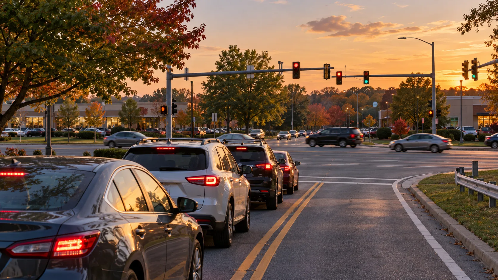 Cars wait at a busy suburban intersection during the evening commute. AI-generated editorial illustration; not a photograph of the named project or intersection.