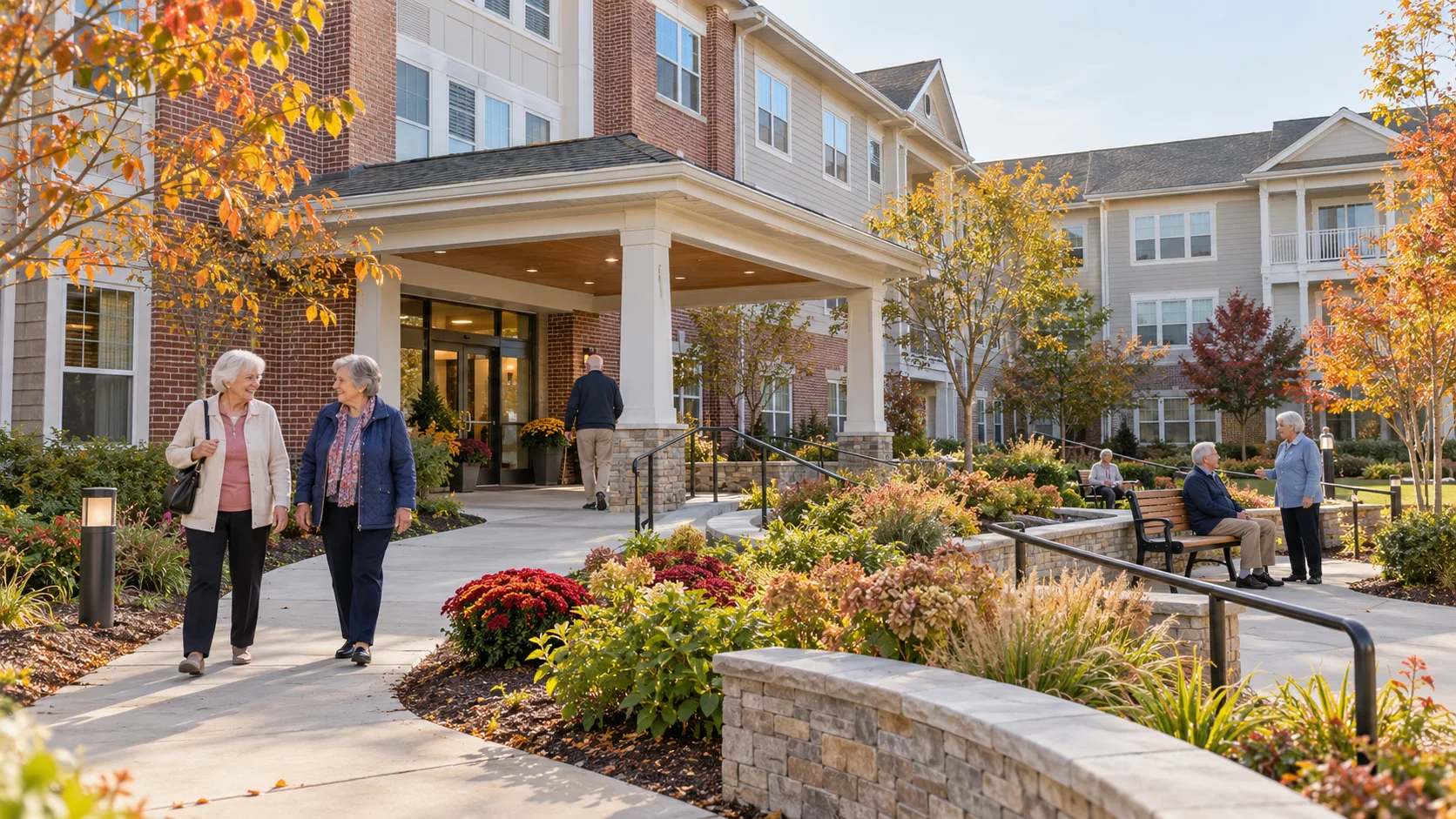 Older adults walk outside an accessible three-story apartment community. AI-generated editorial illustration; not a photograph of the named project or intersection.