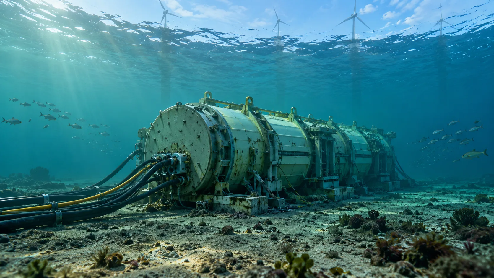 A sealed modular data center on the seafloor with power and fiber cables and offshore wind turbines above.