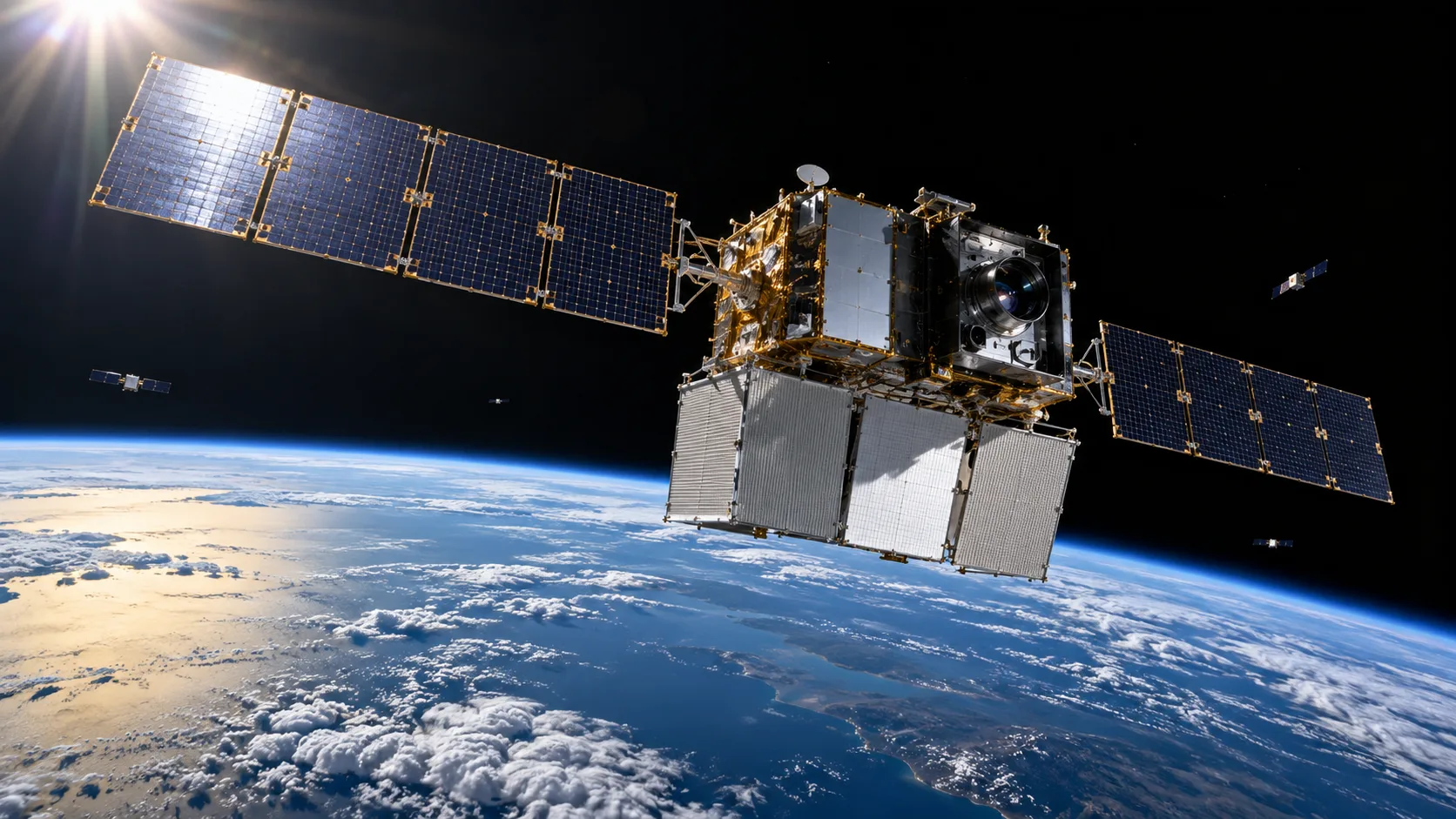 A solar-powered computing satellite in low Earth orbit above the curve of Earth.