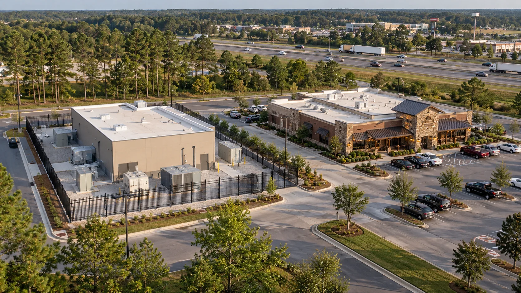 Aerial illustration comparing the footprints of a small telecom data facility and a full service restaurant