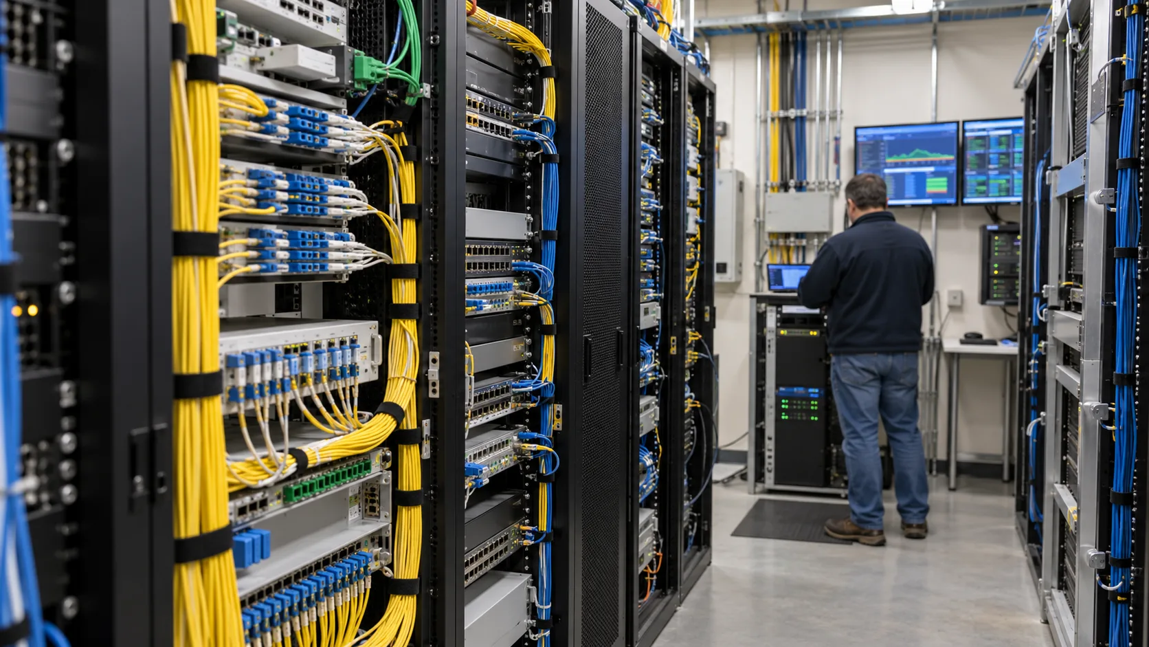 Technician working among fiber panels and network racks in a small broadband headend room