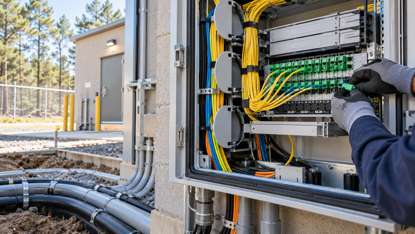 Technician connecting fiber optic cables at a secure telecommunications network cabinet