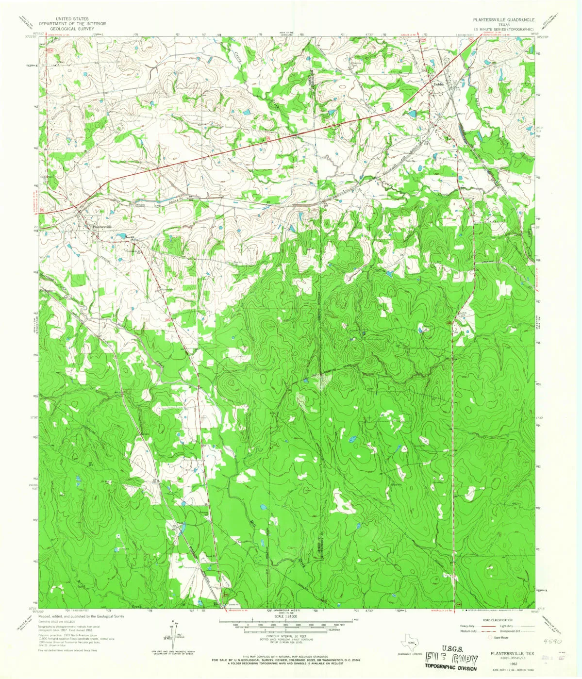 1962 USGS Plantersville quadrangle, with Plantersville labeled near State Highway 105 and the railroad in southeast Grimes County