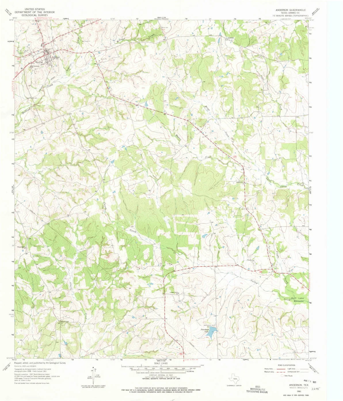 1961 USGS Anderson quadrangle, Grimes County, Texas, with Anderson in the northwest of the sheet where a railroad and highway meet