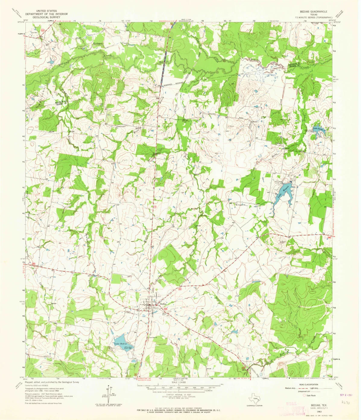1963 USGS Bedias quadrangle, Grimes County, Texas, with Bedias labeled near the lower center at a highway and railroad junction and Lake Bedias to the south