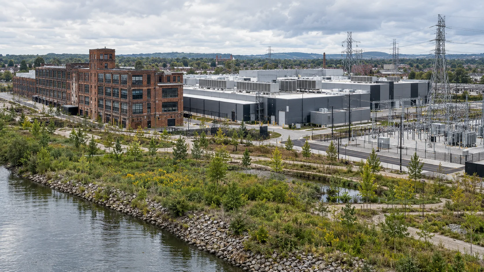 A modern data center beside a restored brick factory, an electrical substation and newly planted open space.