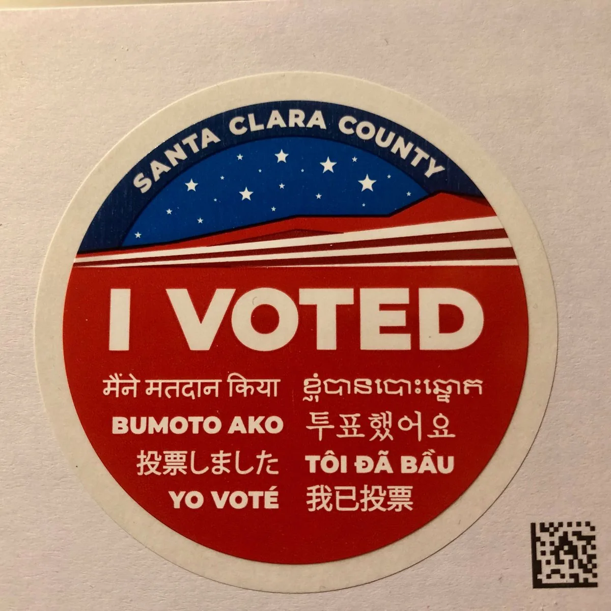 An I Voted sticker on a California mail ballot envelope