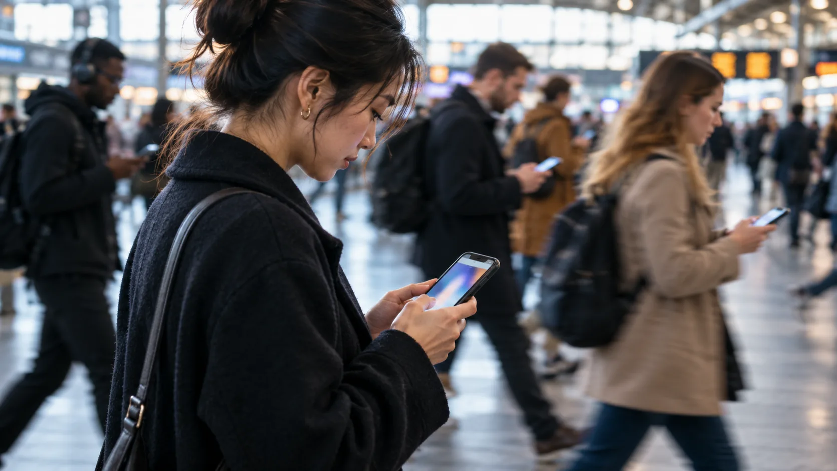 A close view of several people scrolling on phones in a crowded public space with motion blur suggesting rapidly shifting attention.