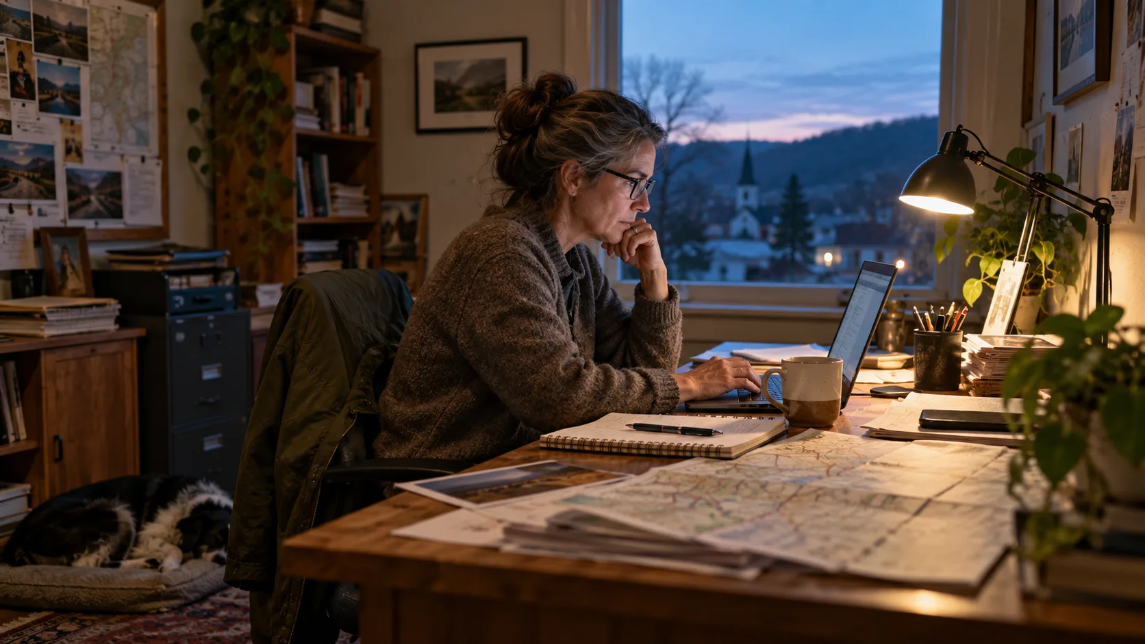 A small local newsroom at dawn with a laptop, meeting notes, maps and a reporter working at a desk.