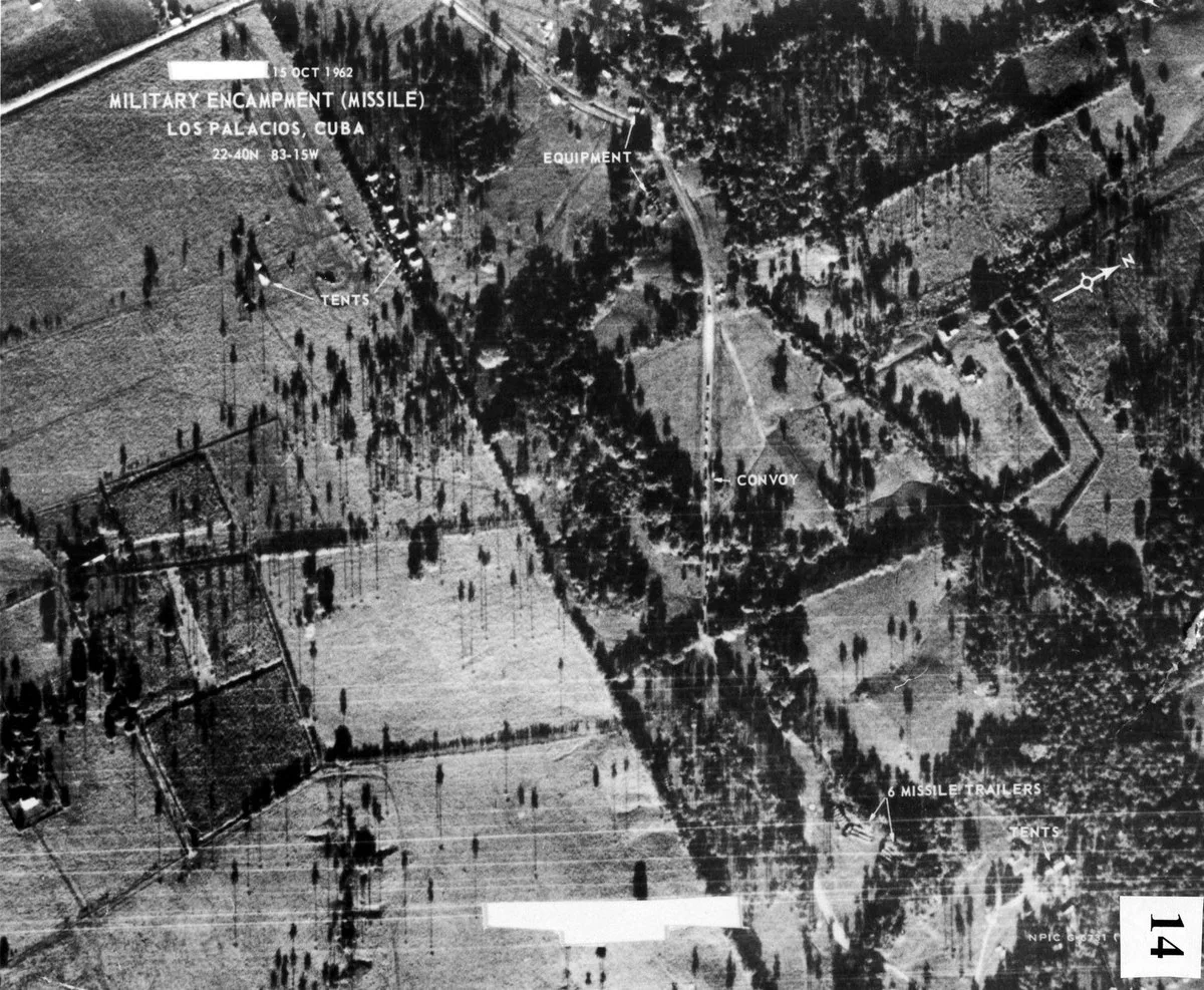 Black-and-white U-2 aerial reconnaissance photograph of a Soviet missile site near San Cristobal, Cuba, October 1962