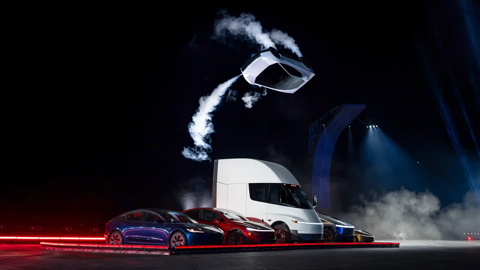 The driverless Roadster rotates in the air after leaving the ramp during Tesla's Texas demonstration. Courtesy of Tesla, Inc.