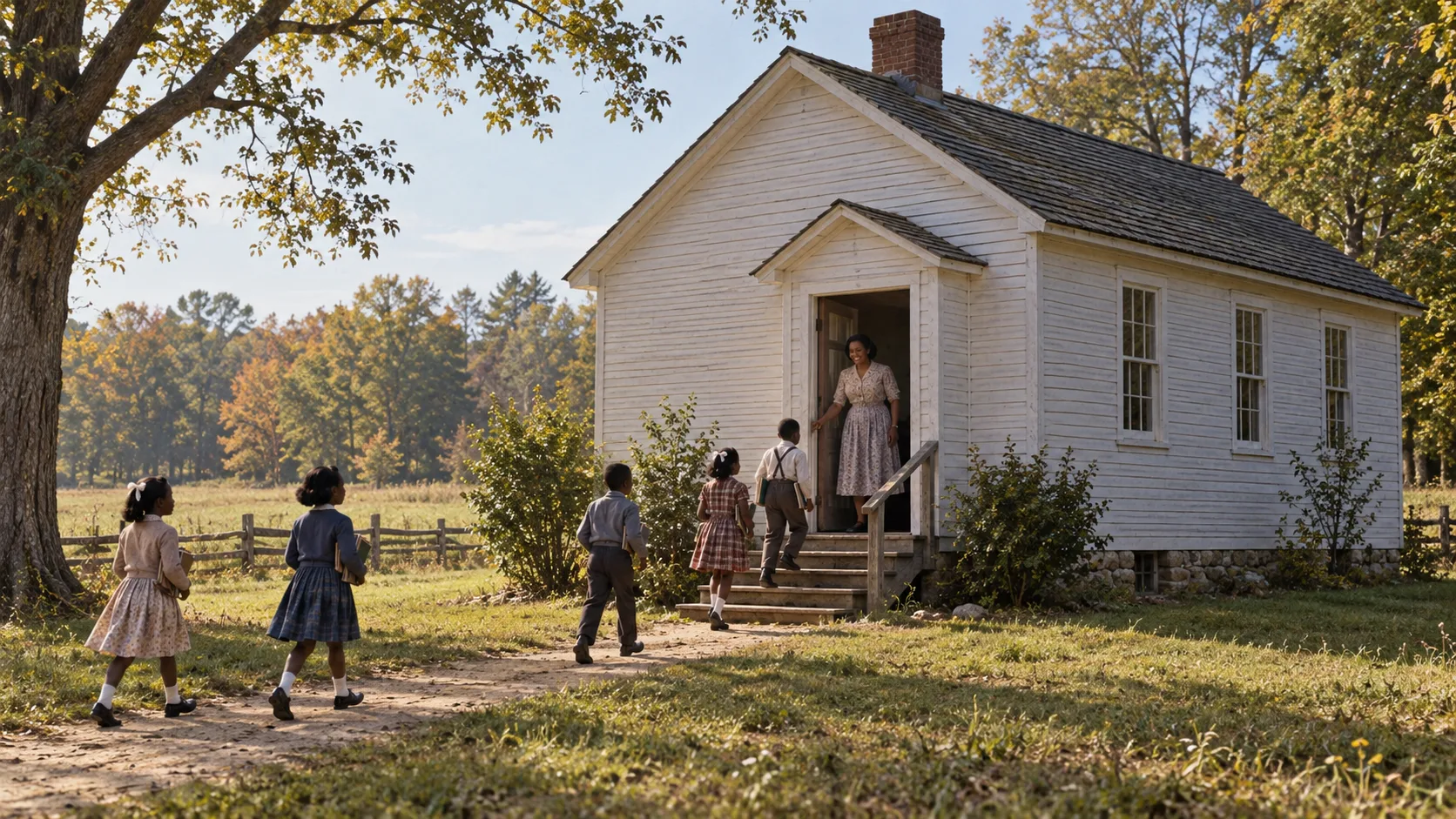 Illustrative view of a one-room Delaware schoolhouse similar to Hockessin Colored School No. 107C during the segregation era