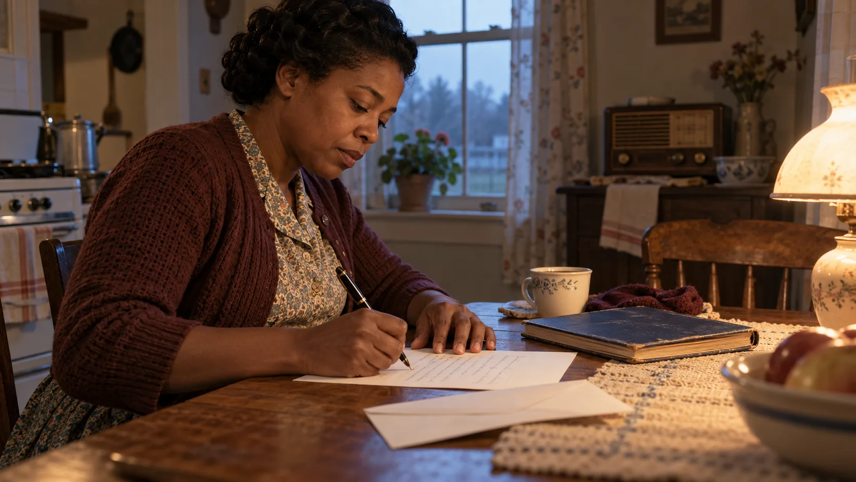 Illustrative close view of a mother writing to state officials at a kitchen table in 1950