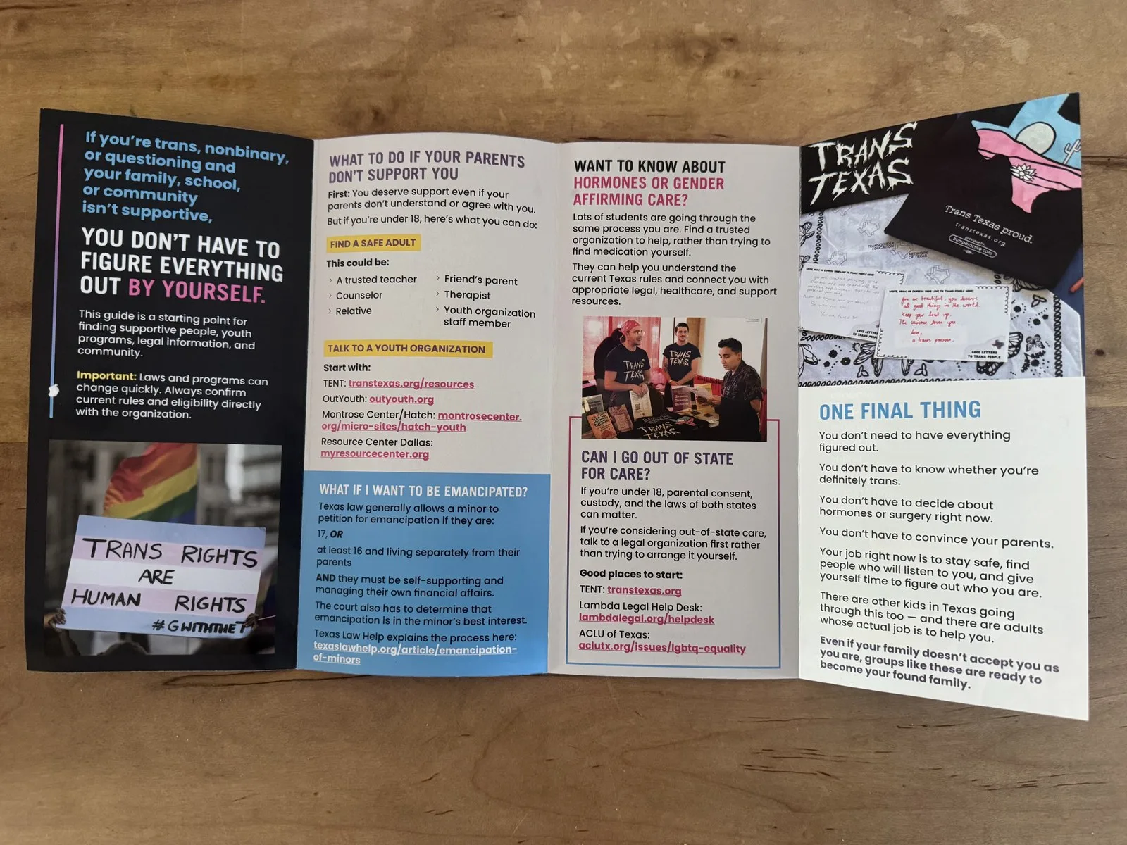 Inside panels of the Texas Trans and LGBTQ+ Student Resource Guide mailer