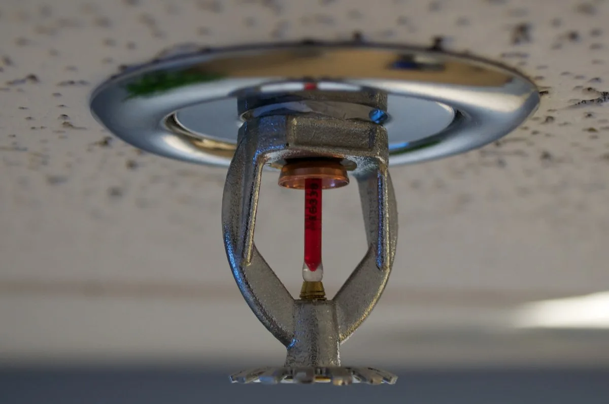 A chrome fire sprinkler head mounted on a ceiling