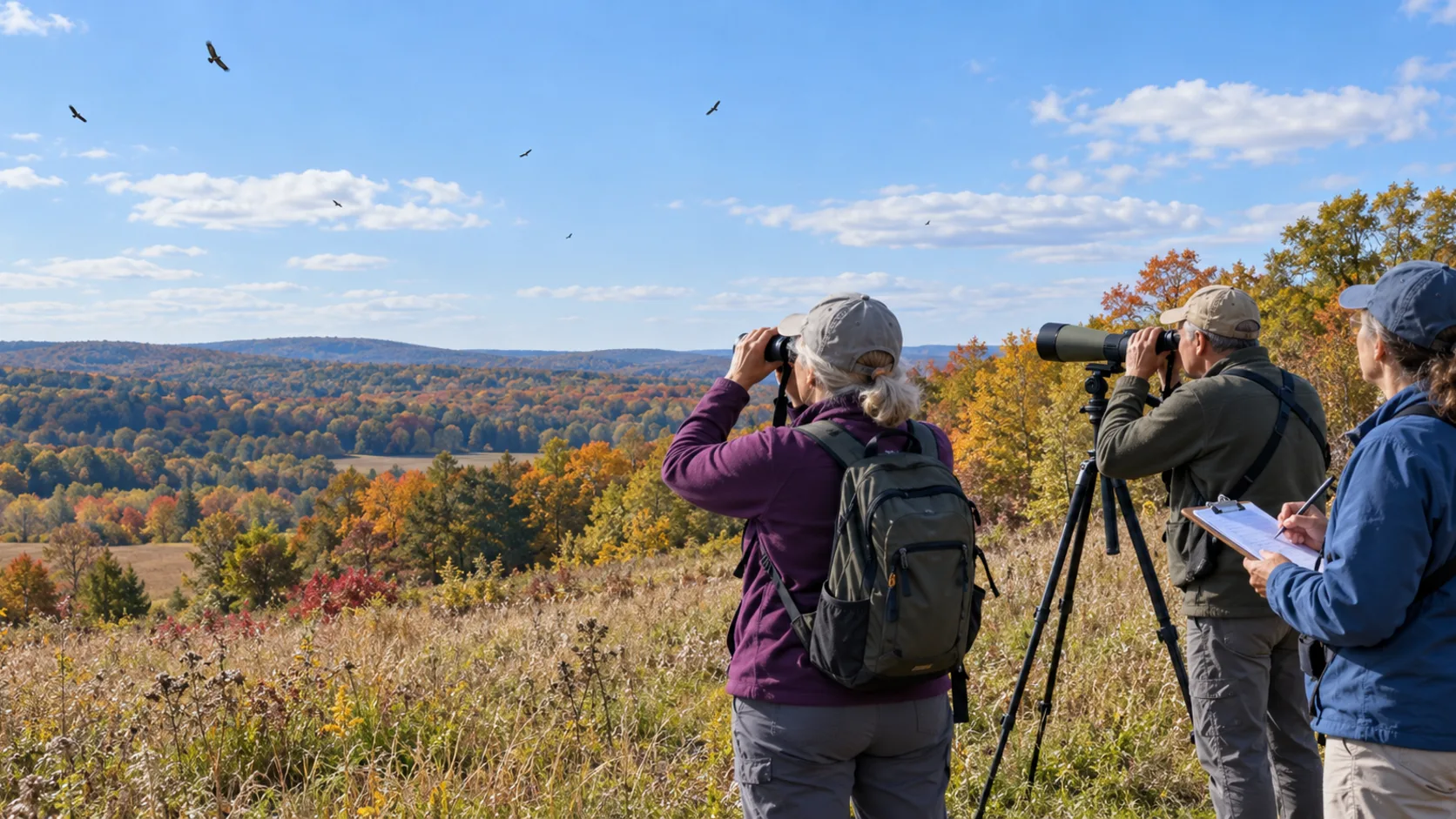 Hawk Watch volunteers scan the sky and record migrating raptors from a hilltop observation station.