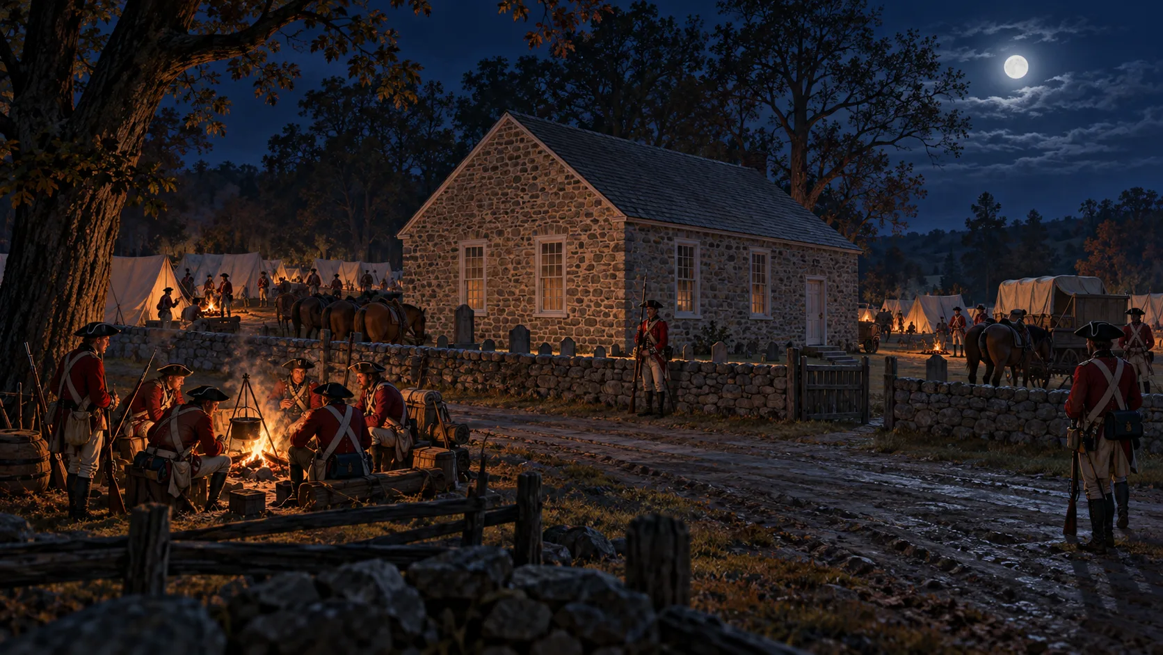 Illustrative scene of British troops camped outside the stone Hockessin Friends Meetinghouse in September 1777