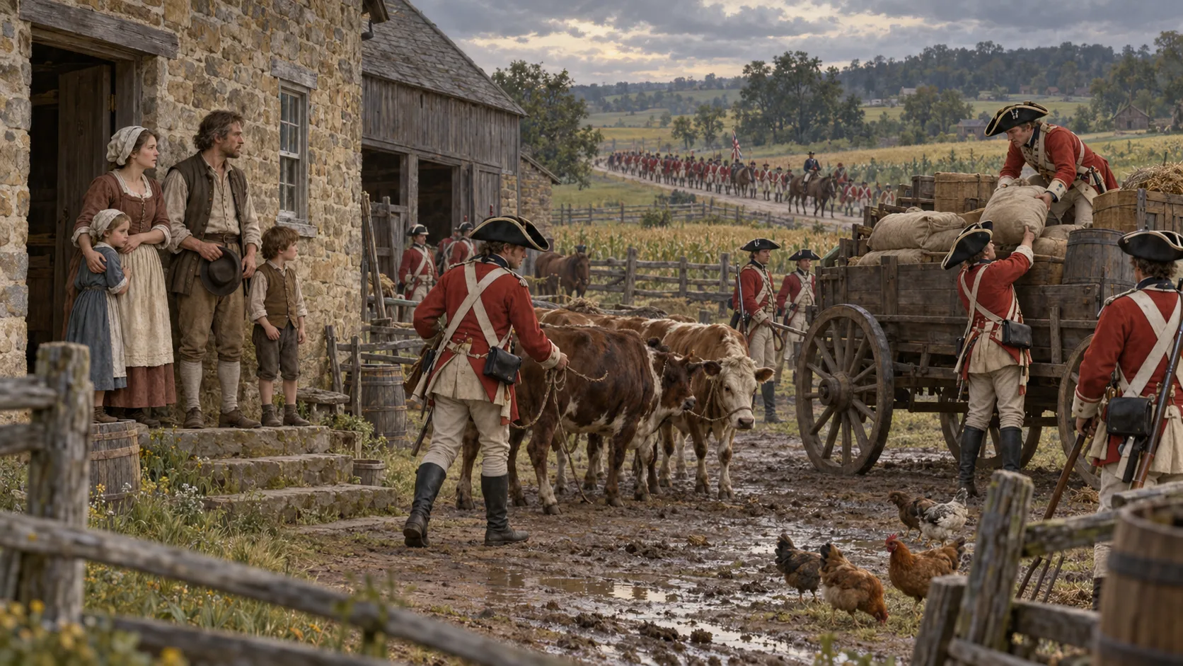 Illustrative scene of local farm families watching British soldiers move livestock and supplies during the Hockessin encampment
