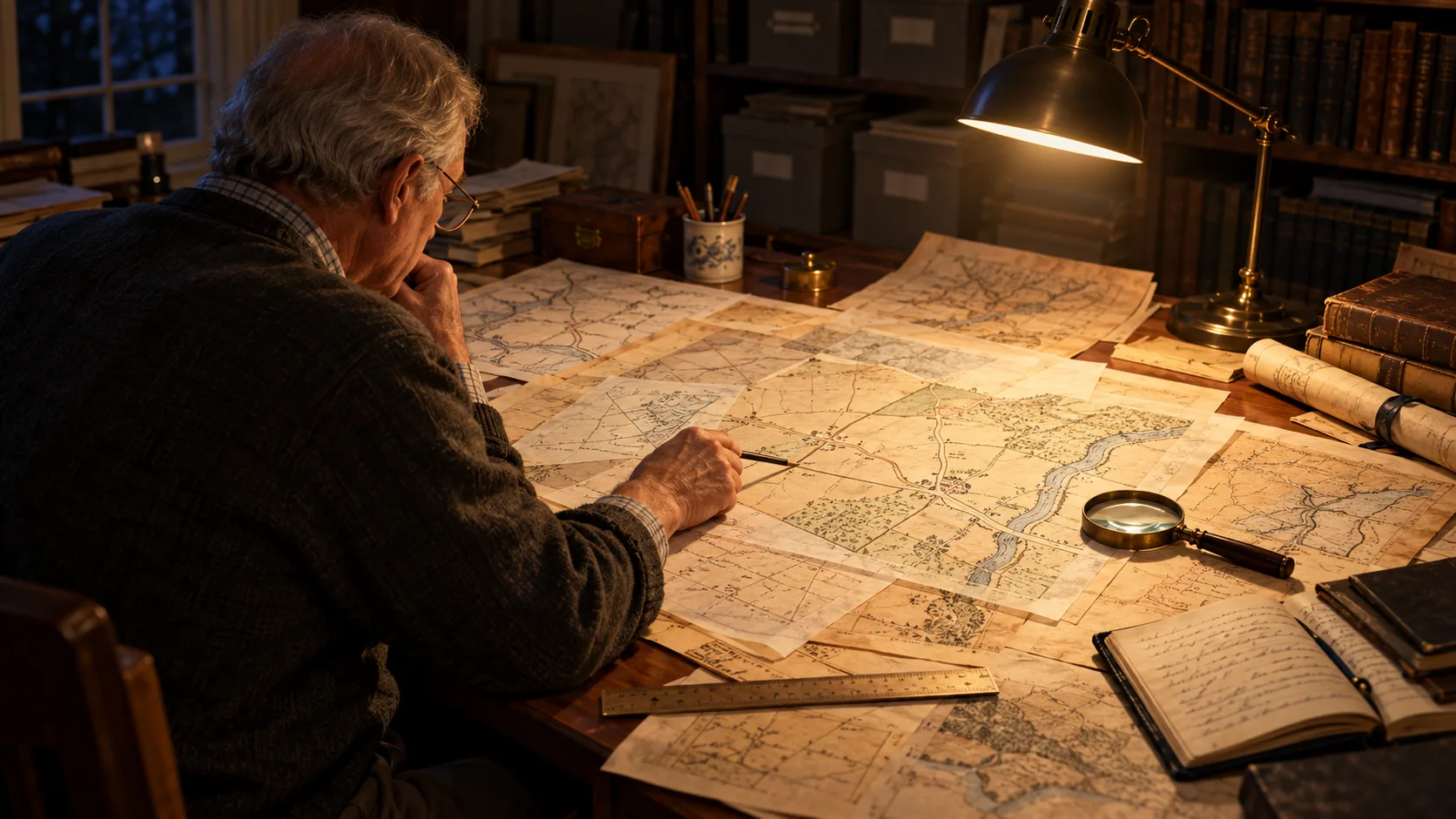 Illustrative modern research scene showing a historian reconstructing the lost Daniel Nichols property from colonial deeds and hand-drawn maps