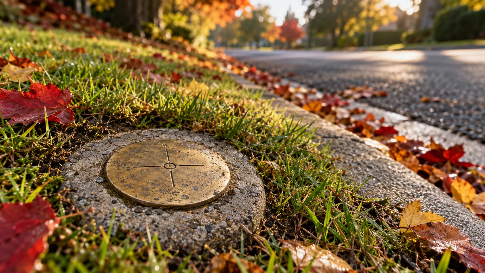Brass geodetic survey disk beside a suburban curb with autumn leaves