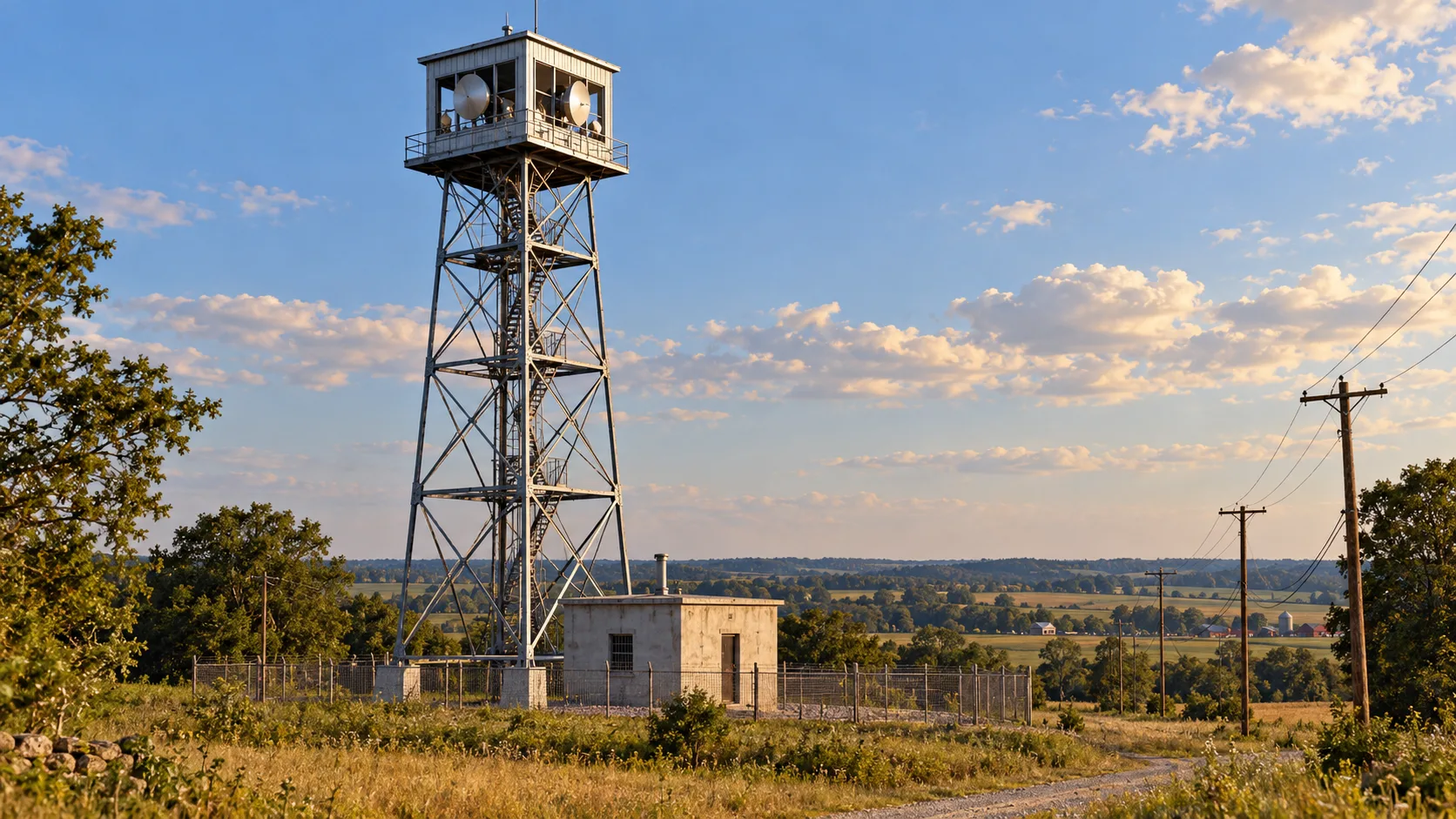 1940s steel microwave relay tower with an enclosed cab and equipment building in rural Delaware