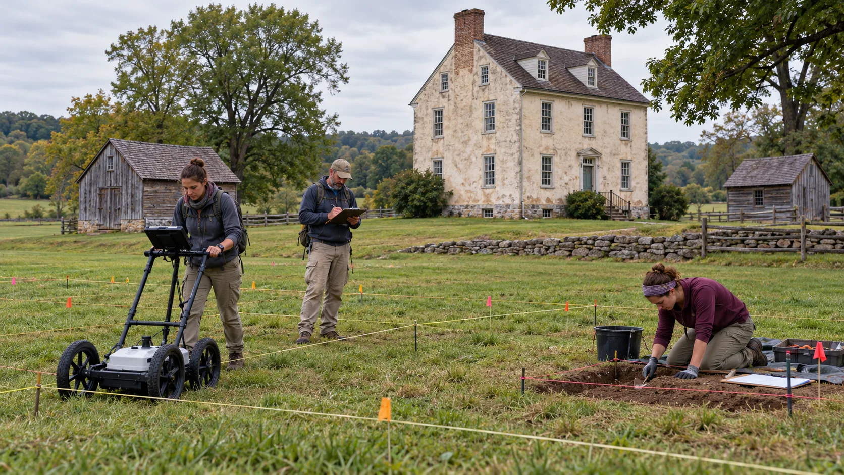Archaeologists surveying historic ground near a Delaware farmhouse