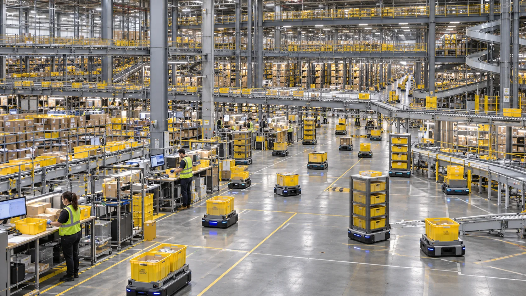 An AI-generated editorial illustration shows people working on the ground floor while mobile robots move inventory through a multilevel fulfillment center. The exact robotic systems planned for Middletown have not been publicly identified.