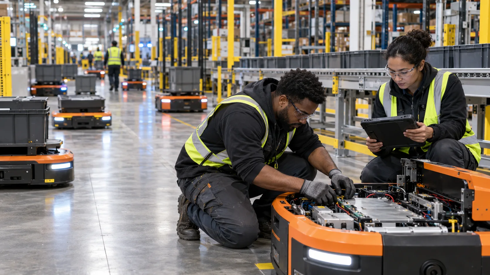 An AI-generated editorial illustration shows mechatronics technicians maintaining mobile warehouse robots—one example of the skilled work created by automated facilities.