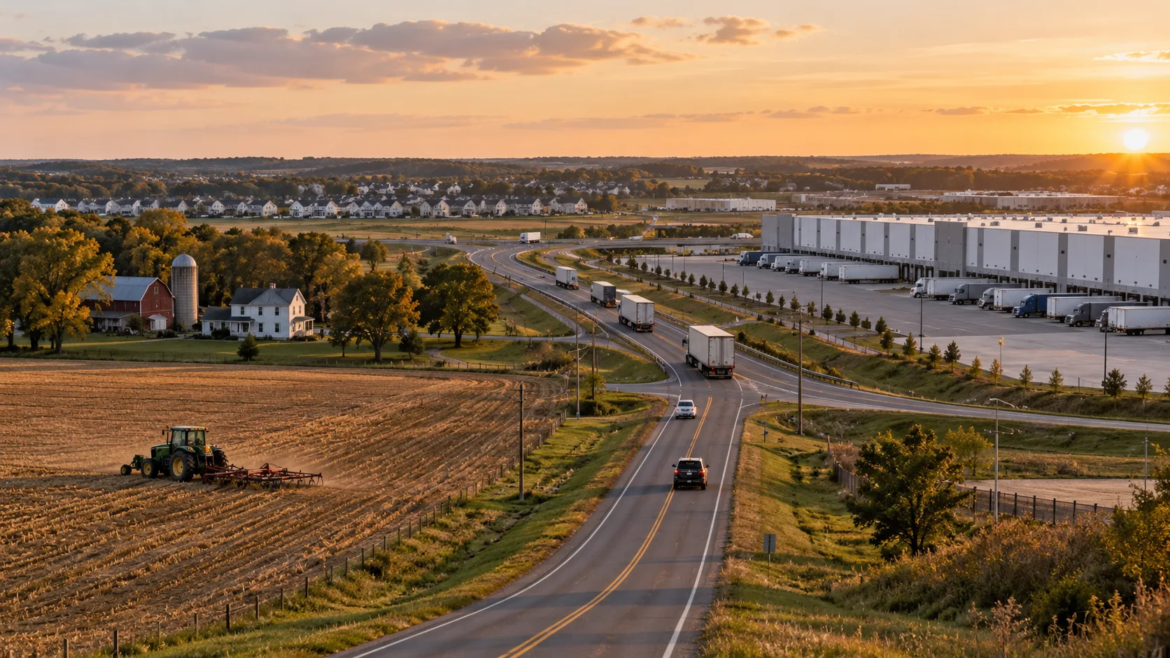 An AI-generated editorial illustration places farms, homes, trucks and a distribution center along the same road, reflecting Middletown's debate over jobs, traffic and land use.