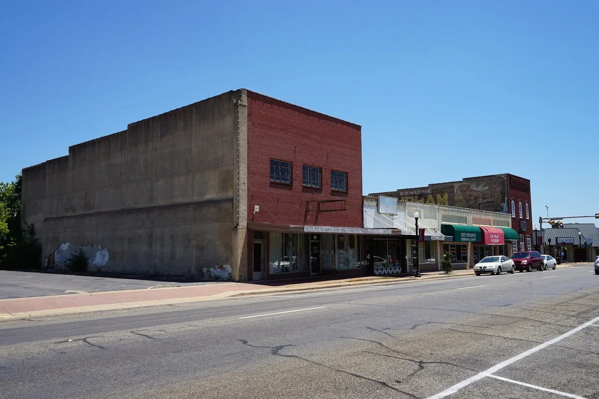 Brick storefronts along Jefferson Avenue in downtown Mount Pleasant, Texas