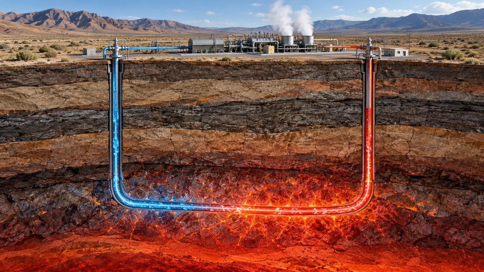 Cutaway illustration of cool water descending one well, traveling horizontally through hot rock and returning through a second well to a geothermal plant.
