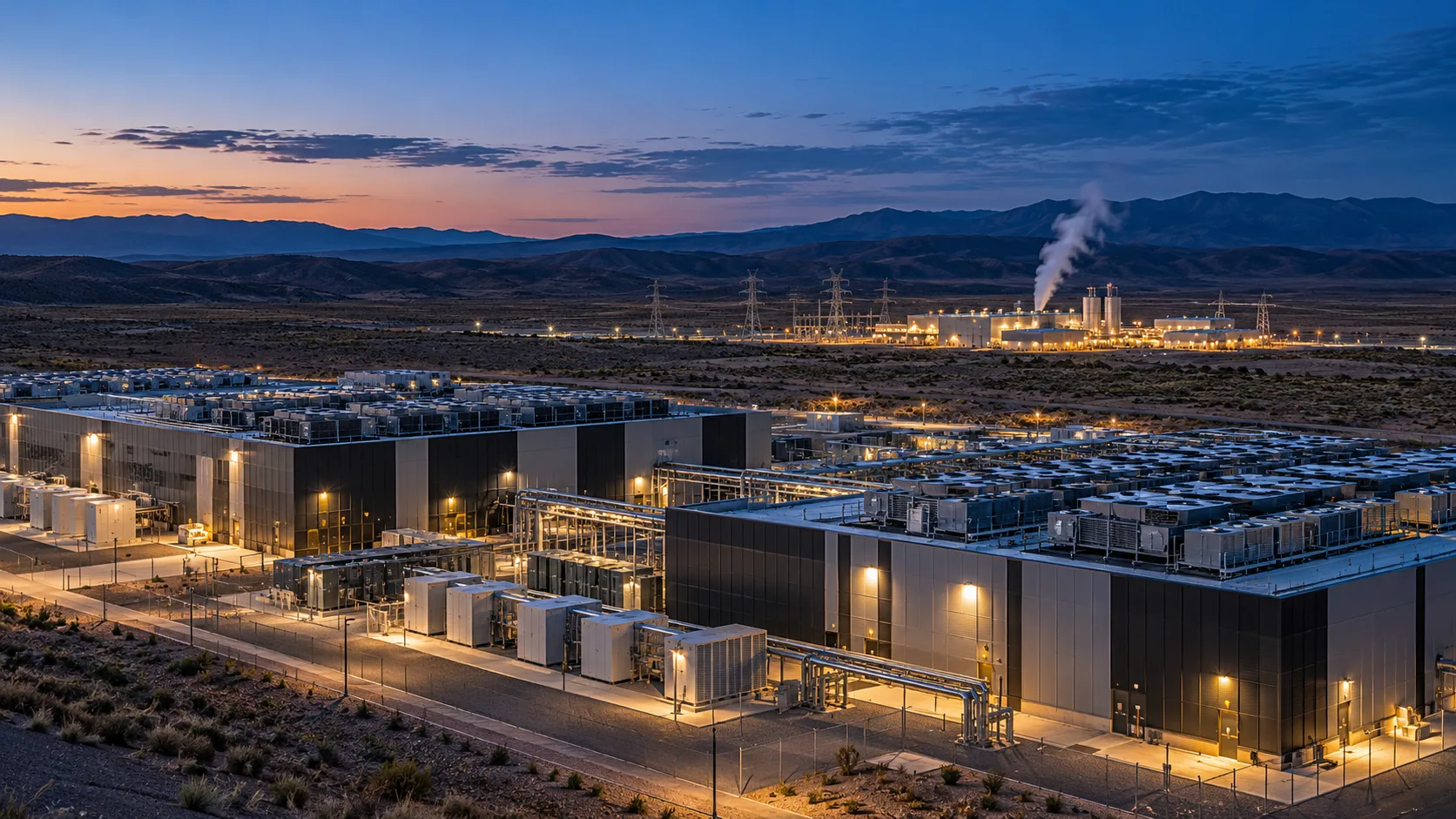 A modern data center operates at dusk with a geothermal generating facility and power lines visible beyond it.