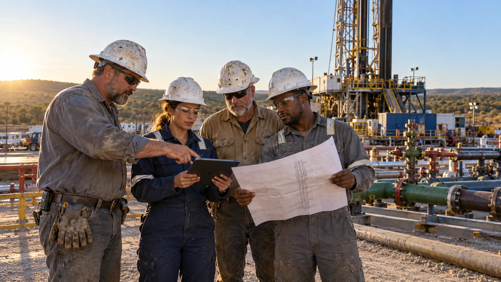A team of experienced field workers and engineers reviews well plans at a geothermal drilling site.