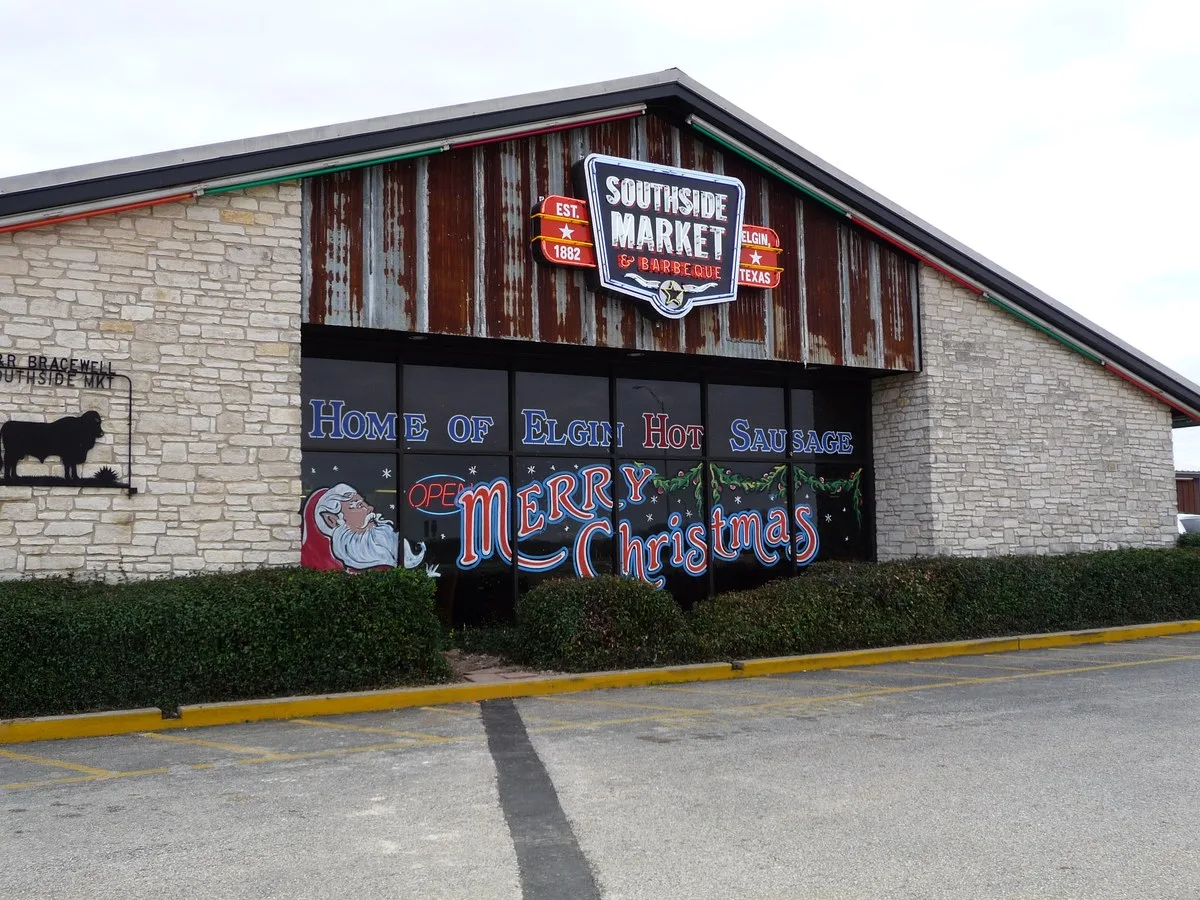 Exterior of Southside Market in Elgin, Texas, at dusk