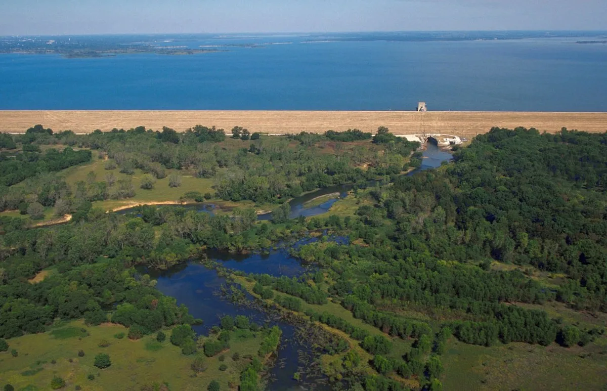 Aerial view of Lewisville Lake and its dam in Denton County