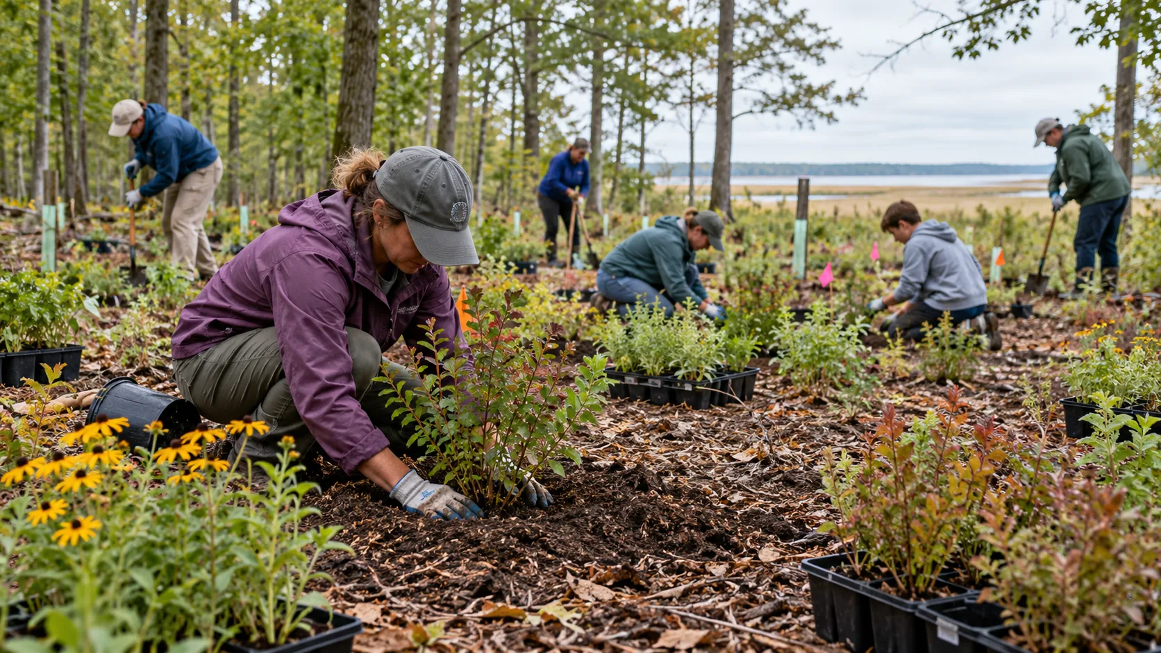 Volunteers plant native shrubs and pollinator plants during an urban forest restoration