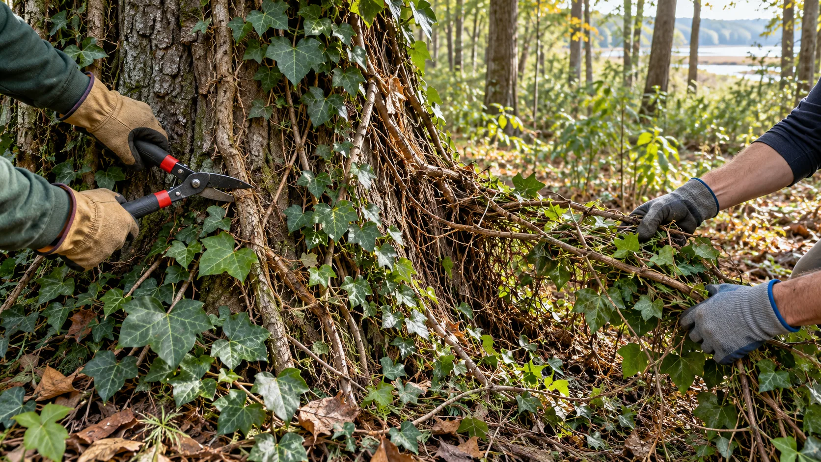 Restoration workers carefully remove invasive English ivy from a mature tree