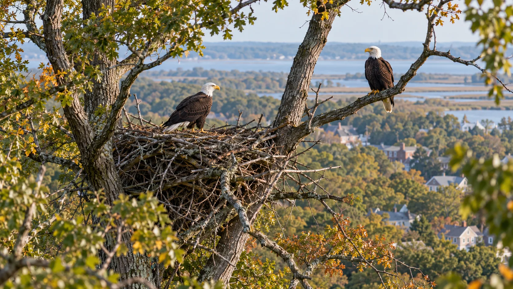 A pair of bald eagles at a nest high in a mature tree within an urban forest