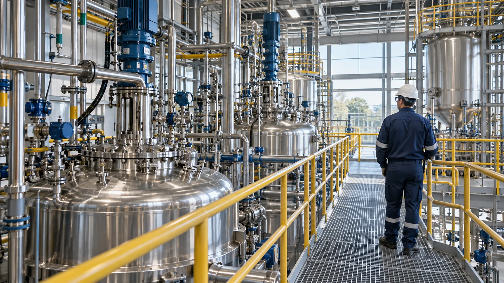 Illustration of a technician on a protected walkway beside stainless steel chemical processing vessels.
