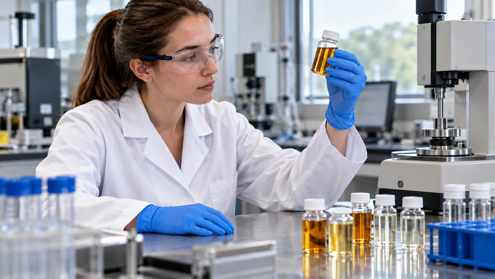 Illustration of a chemist in protective glasses and gloves examining a sealed amber fluid sample.