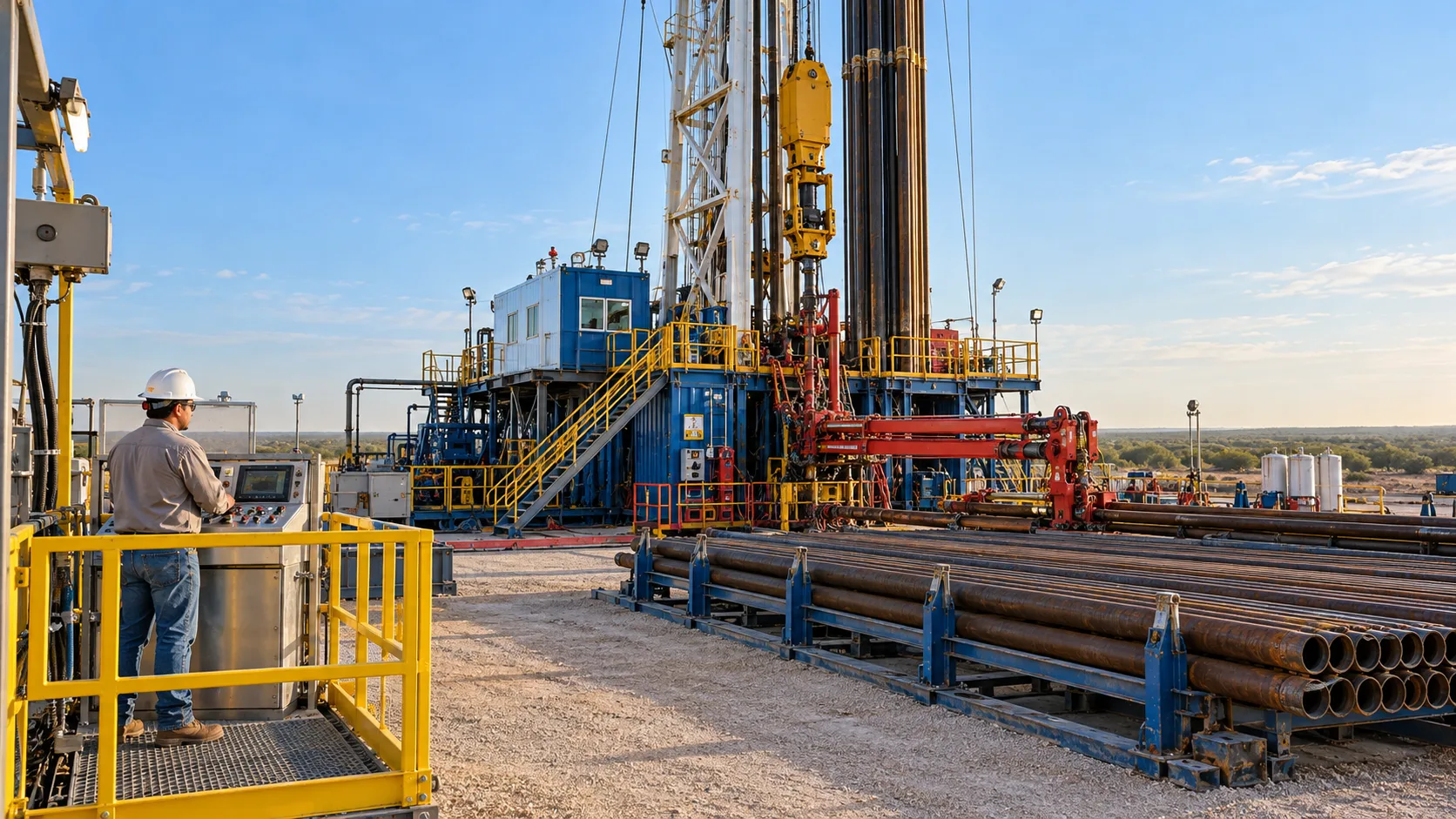 Illustration of a Texas drilling rig with pipe racks and a worker at a protected control position.