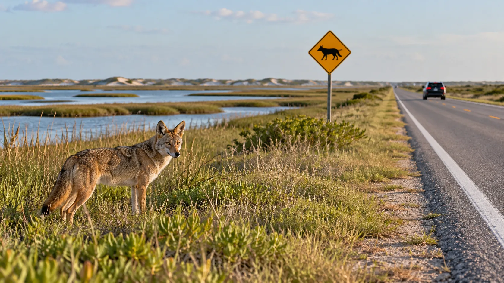 AI illustration of a coastal coyote in grass beside a highway and a canine crossing sign.