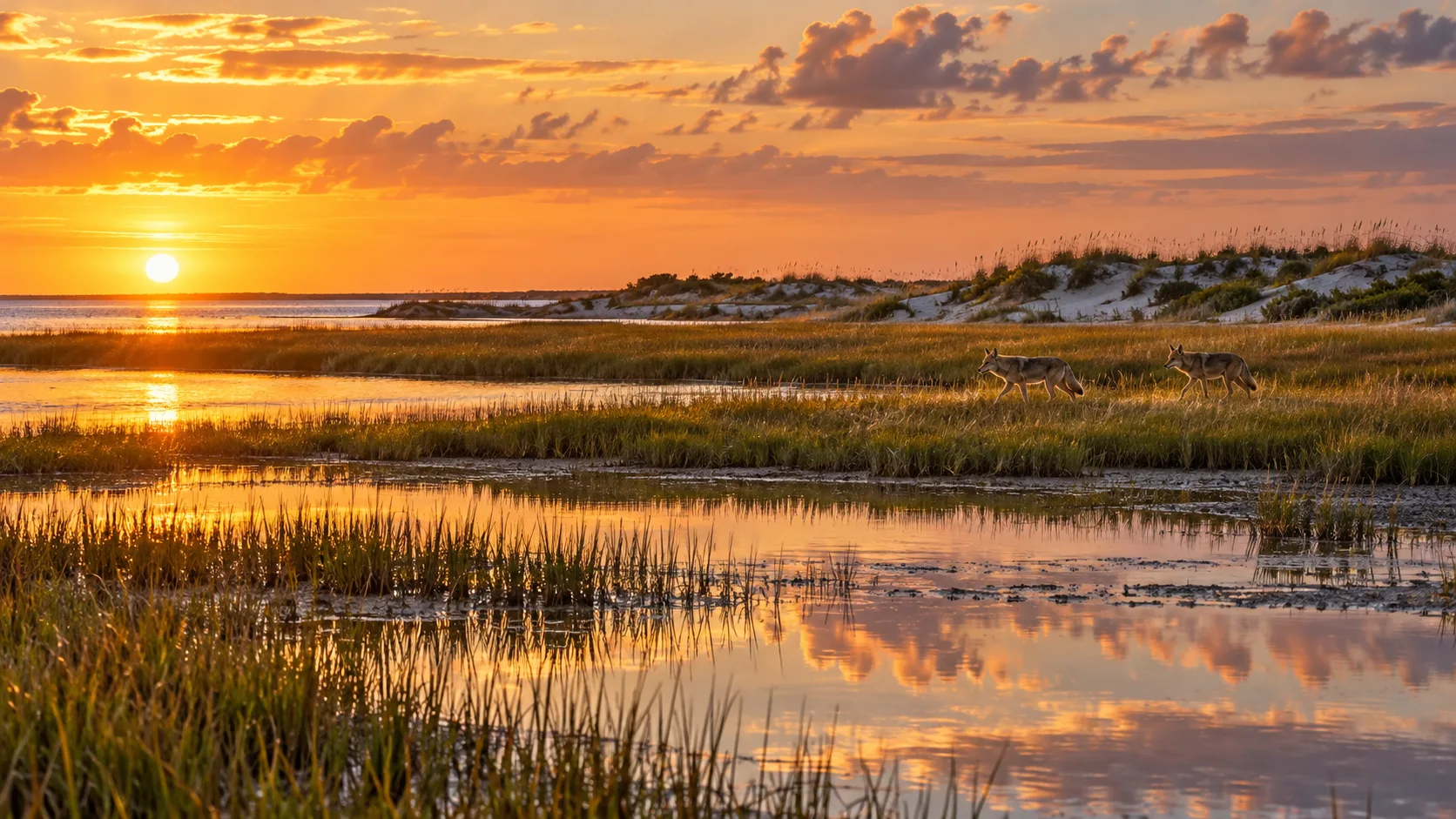 AI illustration of two distant coyotes walking through coastal marsh habitat at sunset.