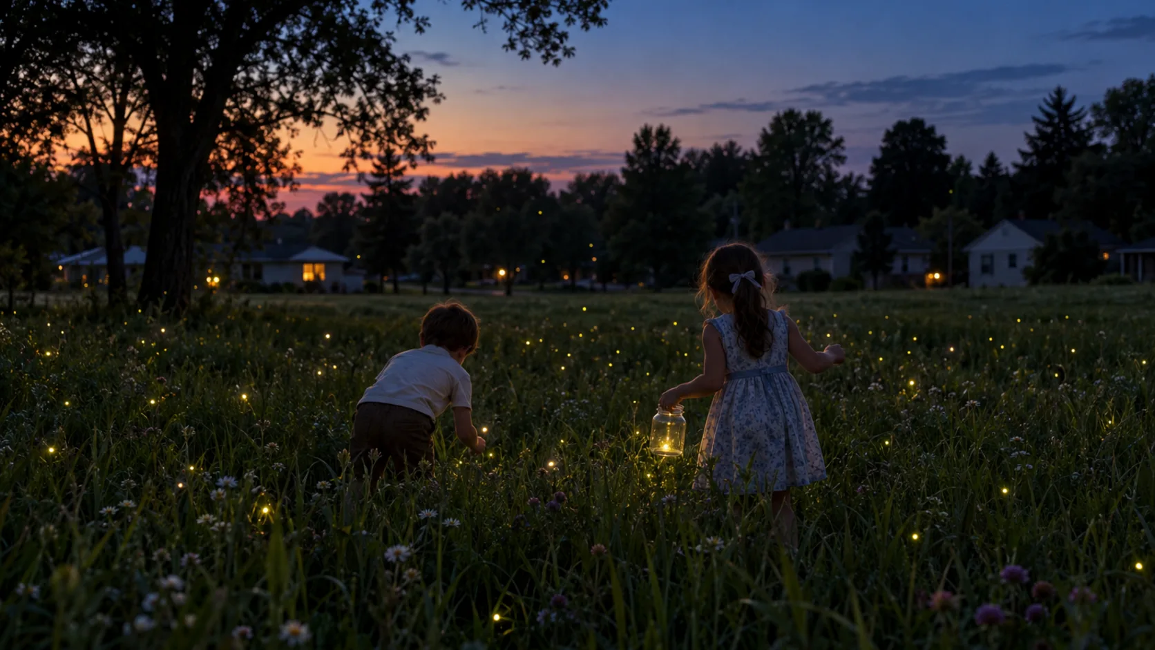 Children watch fireflies rise over a summer meadow, recalling the nights when their glow seemed to be everywhere.