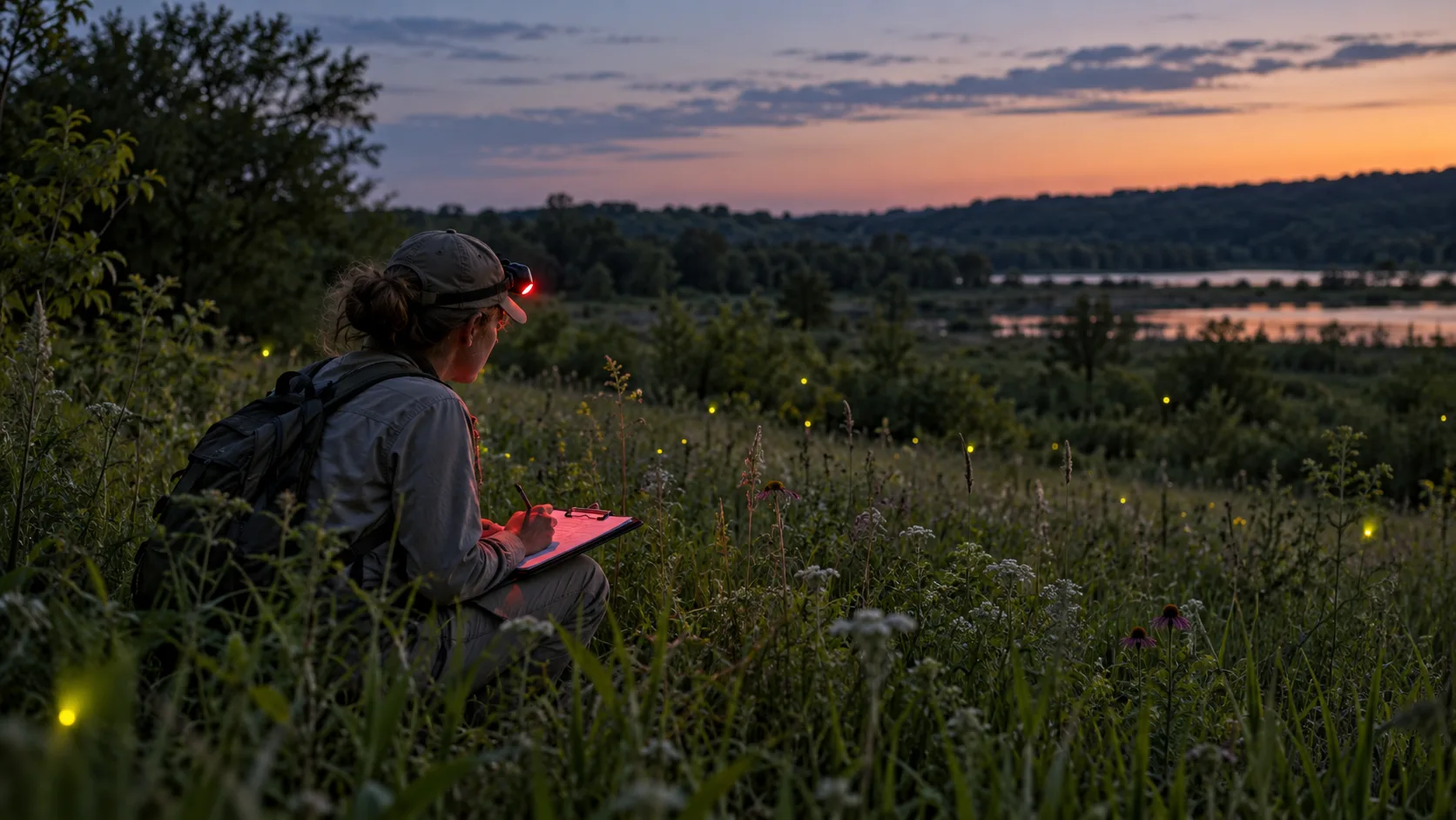 A nighttime field survey shows how researchers identify fireflies by habitat, timing, and species-specific flash patterns.