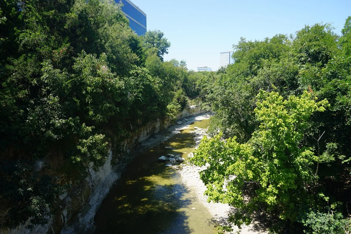 Spring Creek running through a tree-lined rocky channel in Richardson