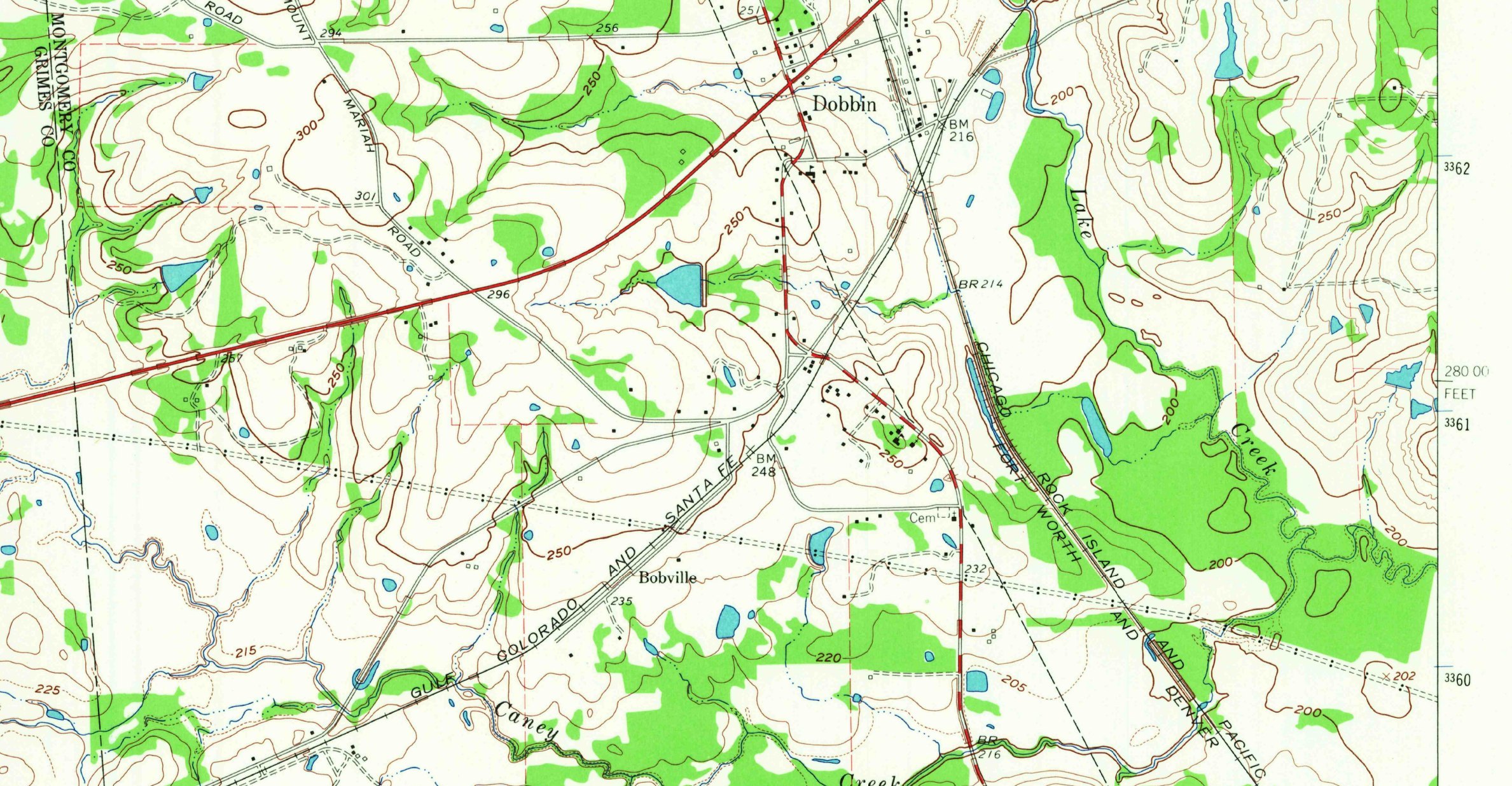 Detail of the 1962 USGS Plantersville map with Dobbin labeled at the railroad crossing and Bobville labeled on the Santa Fe