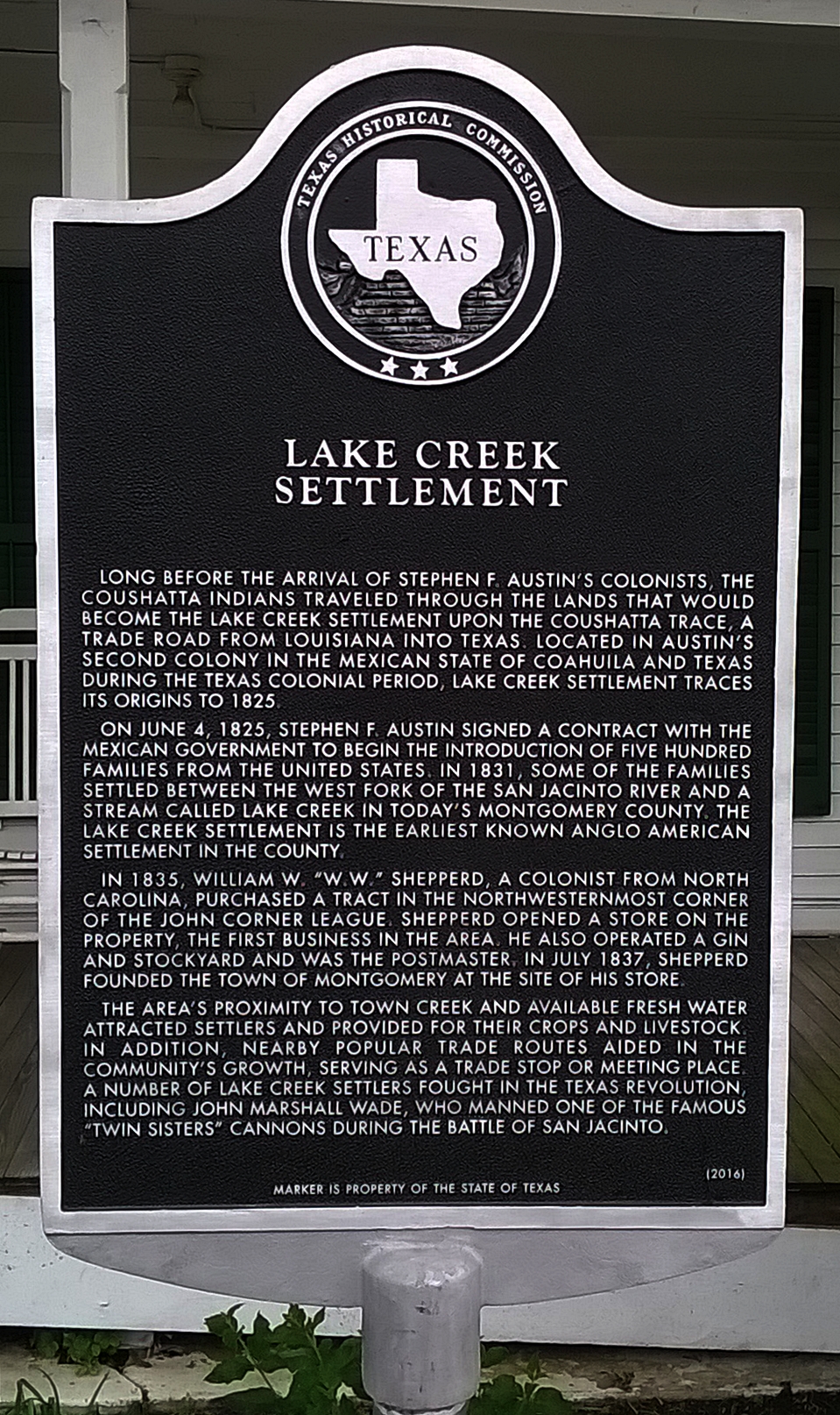 Texas historical marker for the Lake Creek Settlement in Montgomery, Texas