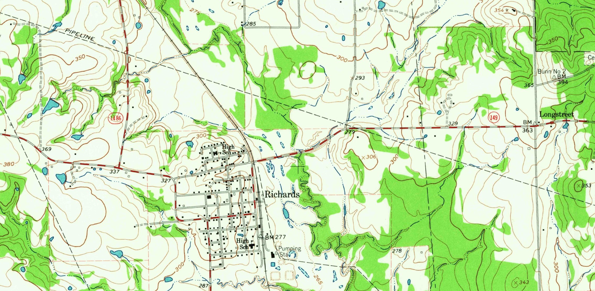 USGS topographic map from 1962 showing the Richards, Texas street grid beside the railroad, with Longstreet labeled farther east